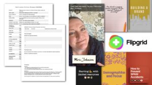 images of a course goals list, a peer review survey, and Flipgrid videos I created