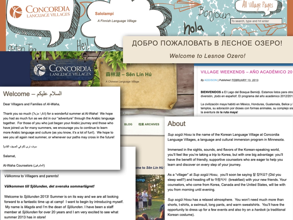 Example screenshots of various language villages websites showing how both latin and non-latin text characters were displayed in Russian, Spanish, Korean, Swedish, Chinese, and Arabic.