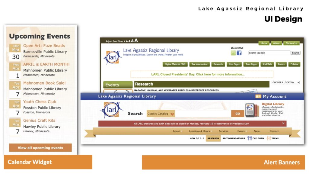 Two example screenshots of a library site's header designs with an alert banner on each, and a screenshot of an Upcoming Events calendar widget showcasing five events.