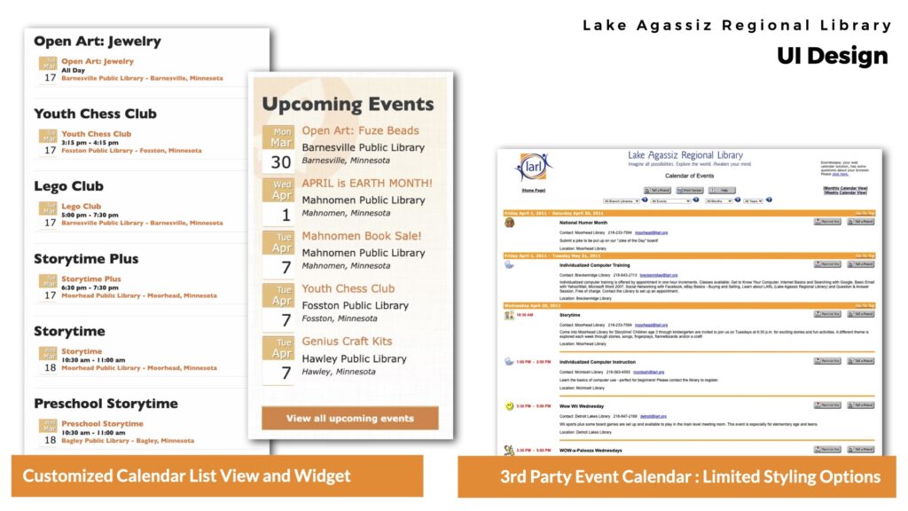Screenshots of calendar systems used for a library website; one an off-site system that offered limited styling options, and two screenshots of a customized calendar display.