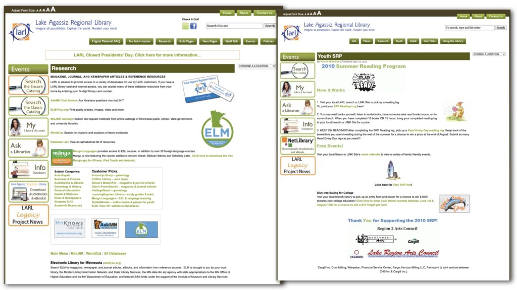 Two screenshots of pages on a library website where the content does not harmonize with the overall design.