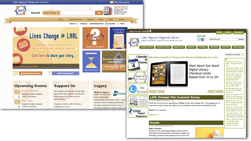 Two screenshots of different redesigns of a library website.