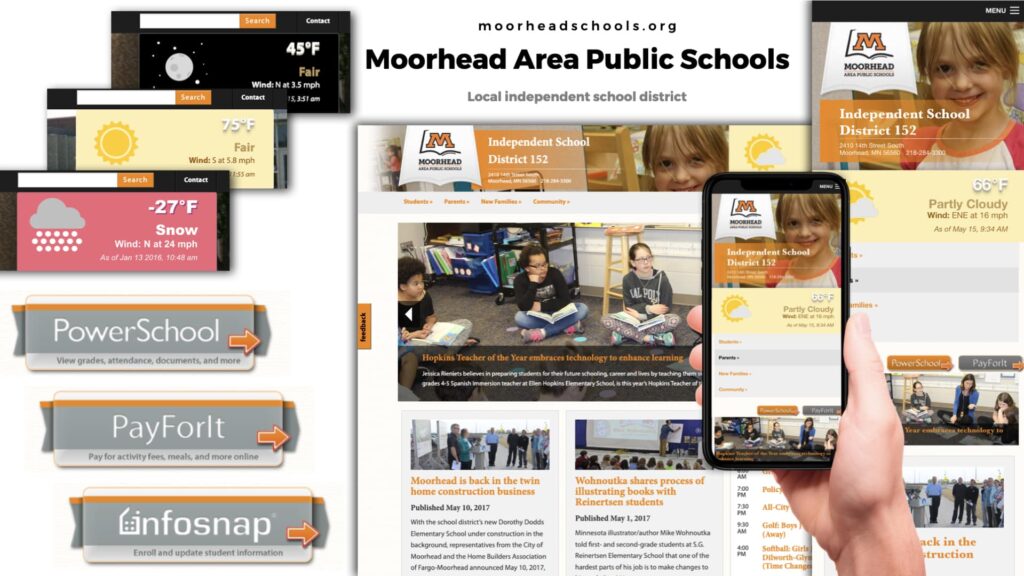 Example screenshots from a school district's website that show how the design was mobile responsive, and how weather icons paired with colored backgrounds and off-site link buttons with orange arrows made for intuitive design and enhanced usability.